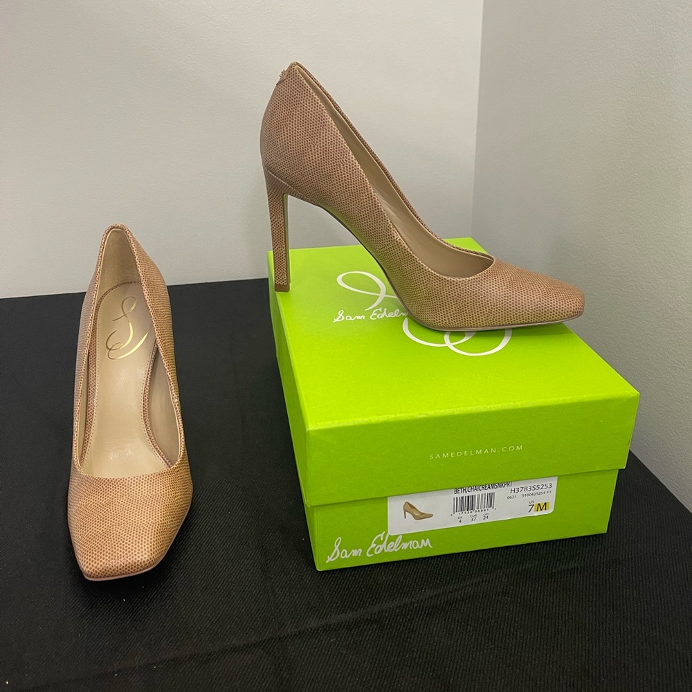 Sam Edelman Beth Square-Toe Pump Tan “Chai Cream” Snake Print